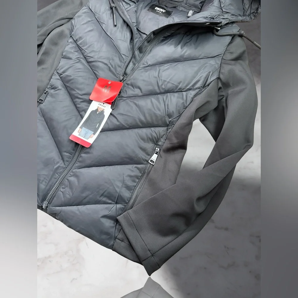 NEW! Women's DKNY Hooded Zipped Puffer Jacket Side Panels - Black Size Medium - Picture 1 of 6